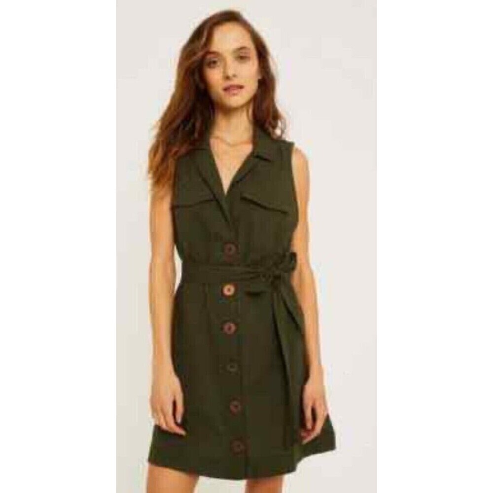 Free People Safari Mini Sleeveless Shirt Dress Army Green A-Line Belt Sexy Sz2